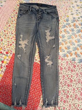 Judy Blue Button-Fly Distressed Skinny Jeans - Faded Blue